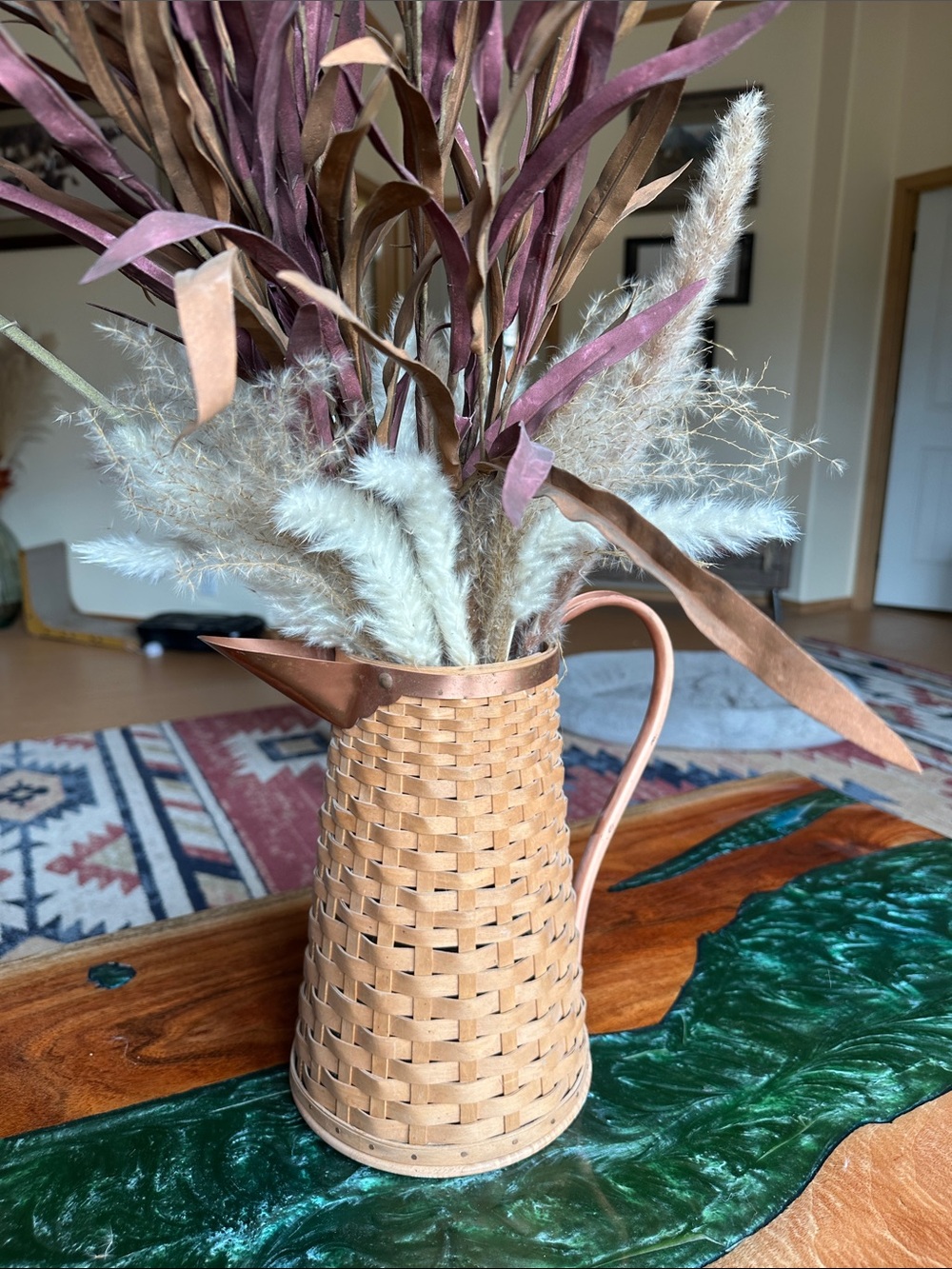 Longaberger Tan Woven Pitcher with Copper-Tone Rim and Handle